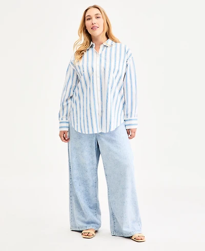 On 34th Plus Bayside Stripe Button-Front Cotton Shirt, Macy's Exclusive