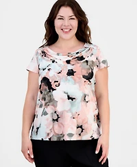 Kasper Plus Printed Cowlneck Cap-Sleeve Top