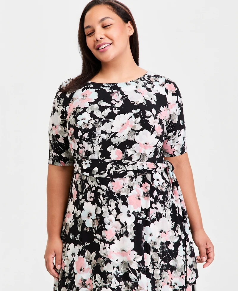 Kasper Plus Elbow-Sleeve Belted Midi Dress