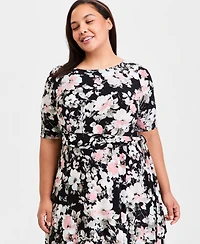 Kasper Plus Elbow-Sleeve Belted Midi Dress