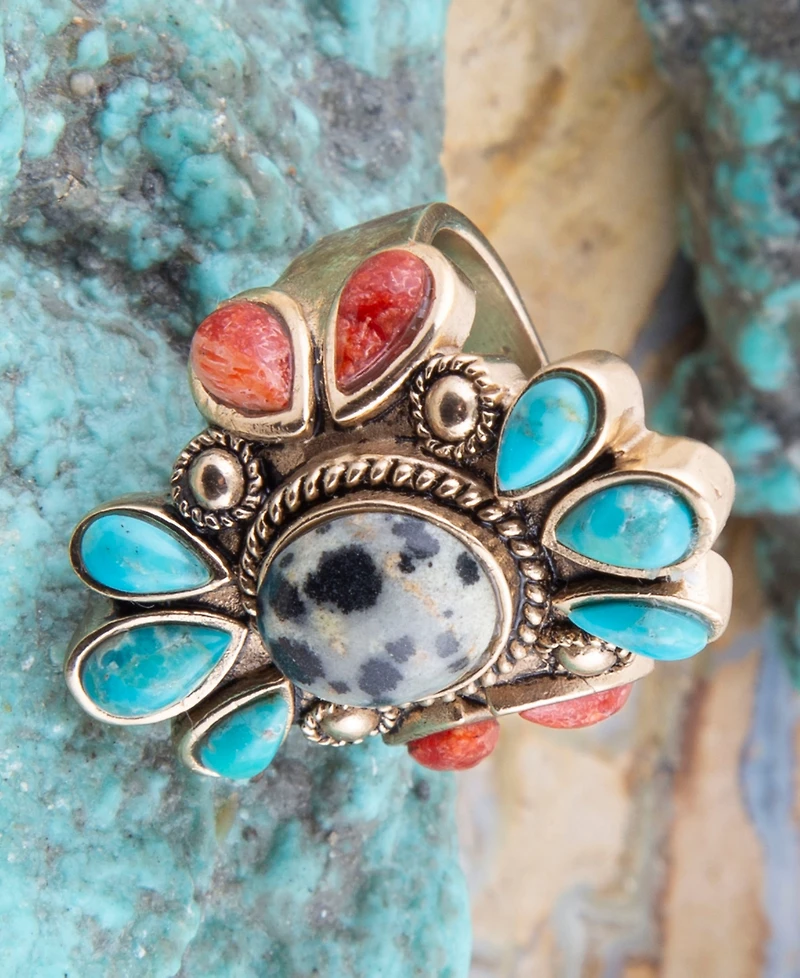 Barse Dalmatian Jasper Multi Color Stone Golden Ring