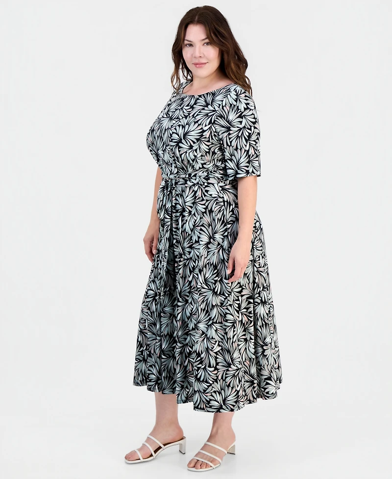 Kasper Plus Printed Elbow-Sleeve Midi Dress