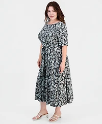 Kasper Plus Printed Elbow-Sleeve Midi Dress