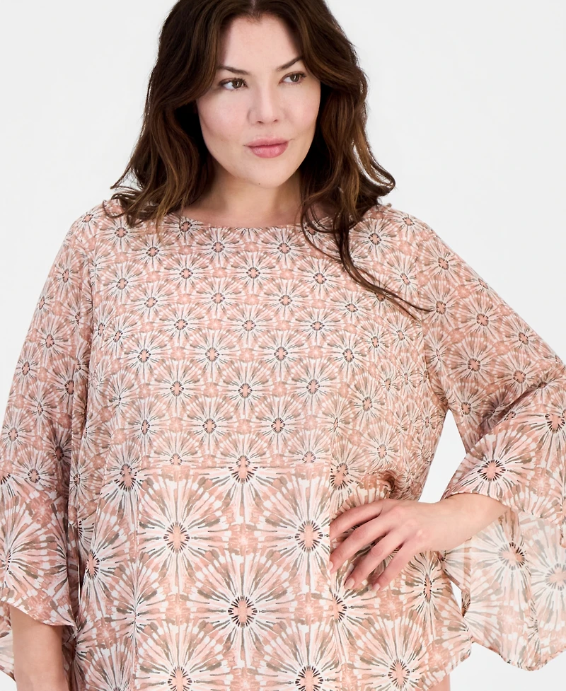 Kasper Plus Printed Boat Neck Ruffled-Sleeve Top