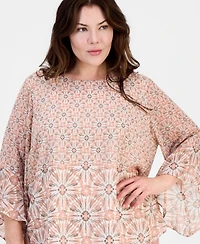 Kasper Plus Printed Boat Neck Ruffled-Sleeve Top