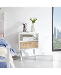 sumyeg Modern Rattan End Table with Drawer and Solid Wood Legs Nightstand Cabinet