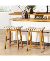 Gouun 25.5 in Woven Faux Leather Bar Stool Set of 2 with Curved Seat and Wood Frame
