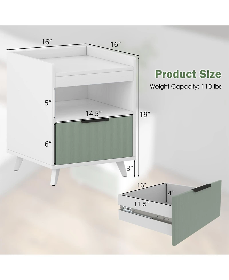 sumyeg Modern Nightstand with Led Lights Sliding Drawer and Open Compartment