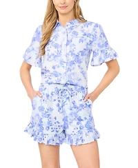 CeCe Women's Short-Sleeve Cropped Button-Down Shirt