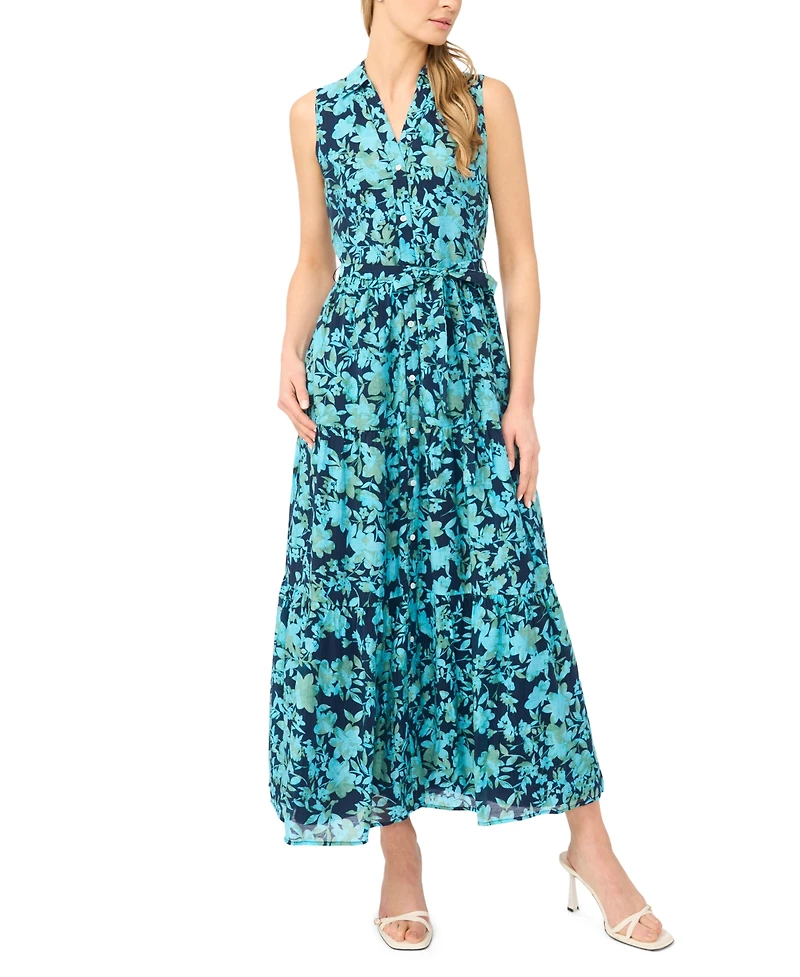 CeCe Women's Sleeveless Collared Tiered Midi Dress