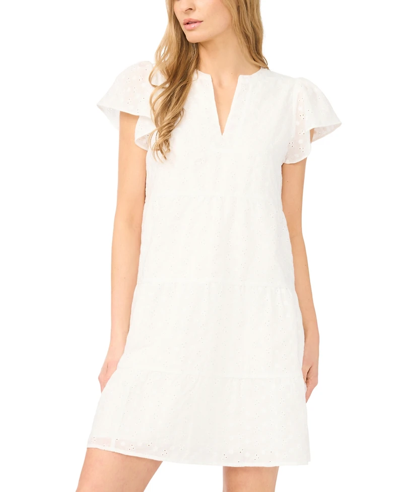 CeCe Women's Short-Sleeve Split Neck Ruffle Tiered Dress