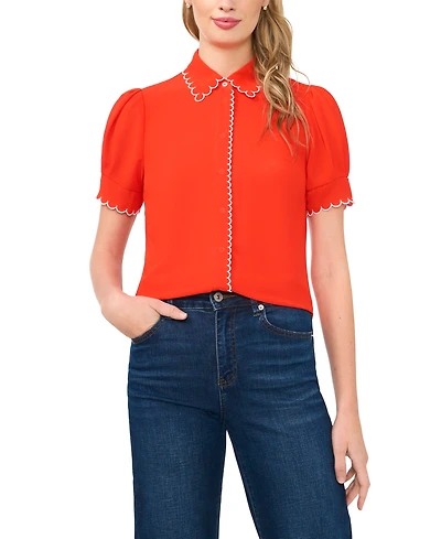 CeCe Women's Scallop Contrast Trim Button Up Top