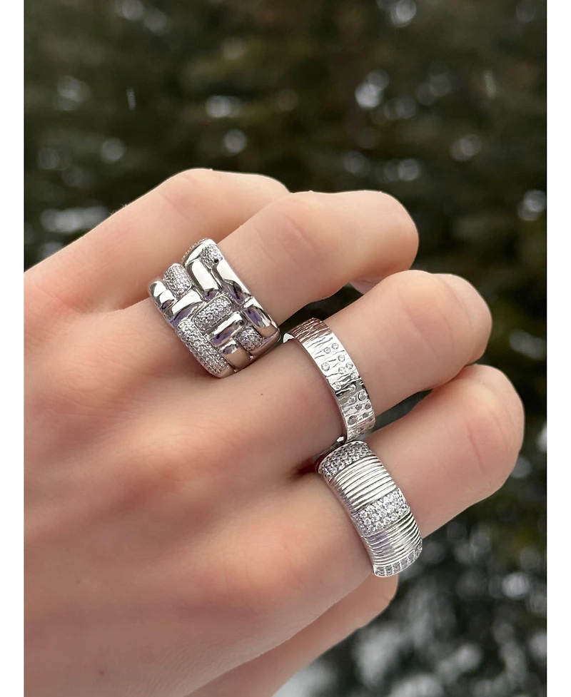 Suzy Levian New York Pave Cubic Zirconia Silver Puff Woven Motif Extra Wide Band Ring