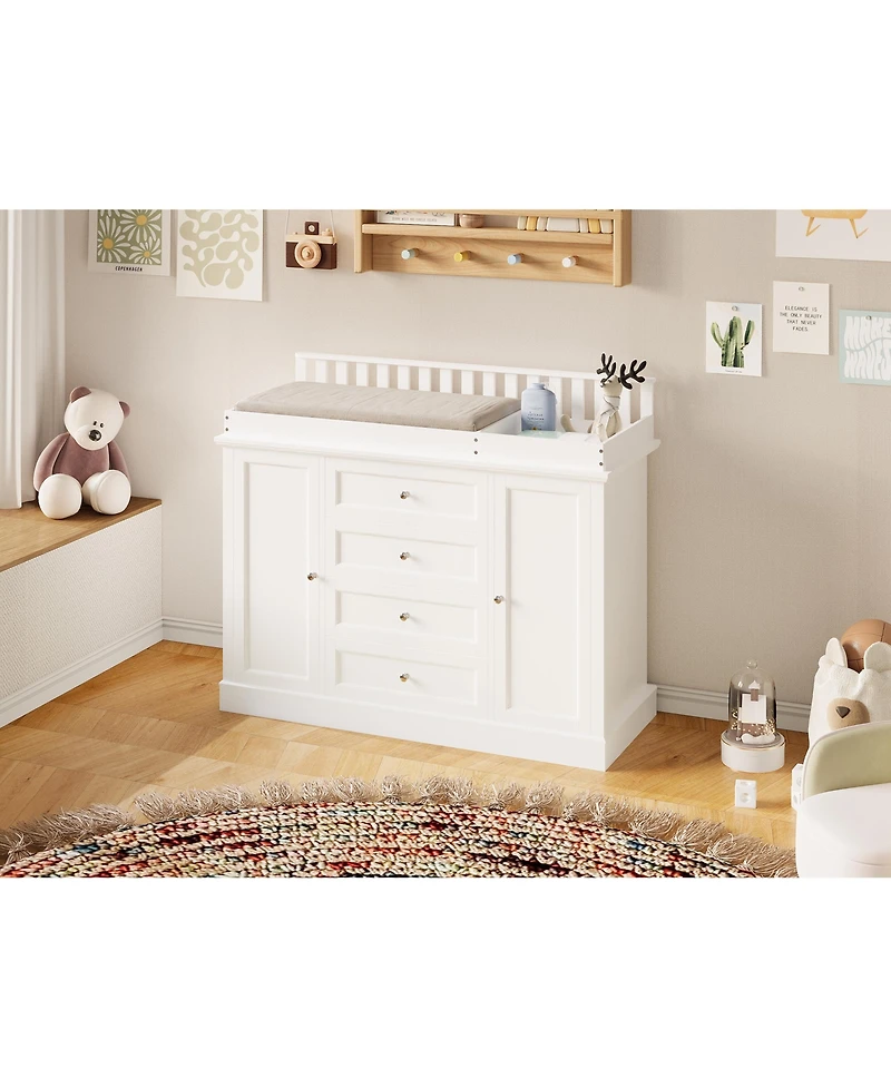Famapy Changing Table Dresser with 4 Drawers and 2 Doors, Nursery Dresser Diaper Changing Station for Baby