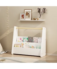 Rainsken Kids Bookshelf with Wooden Handle, 2-Tier Front-Facing Toddler Bookcase, Portable Book Storage Organizer for Nursery, Playroom