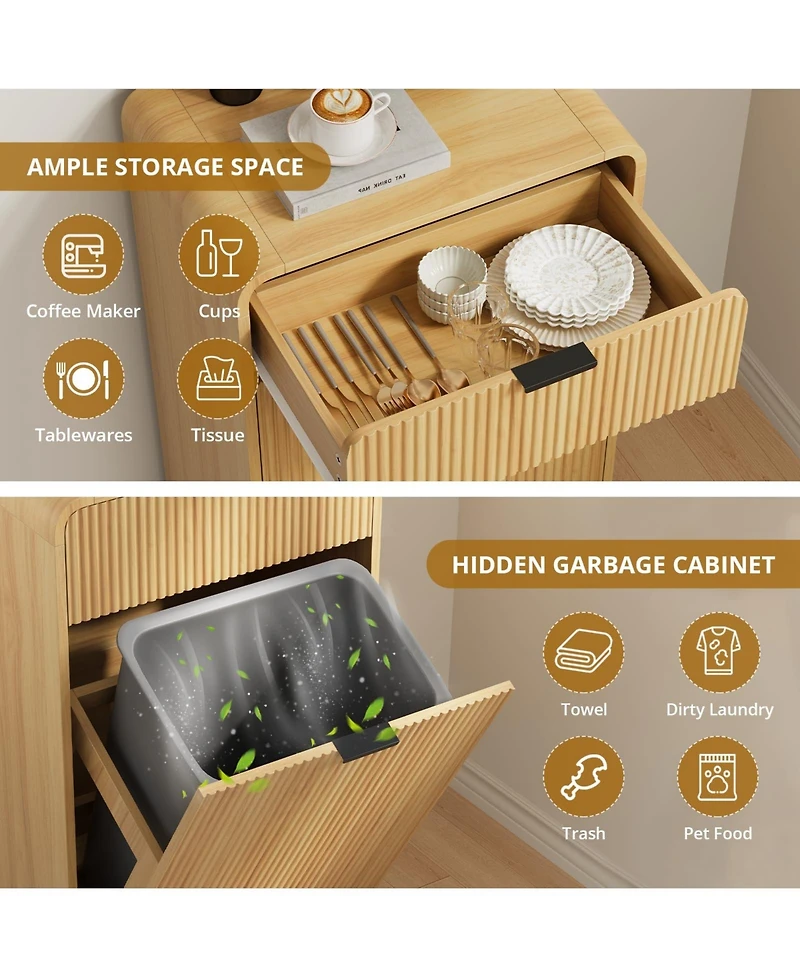 Yigii 10 Gallons Tilt-out Trash Can Cabinet Fluted Laundry Hamper Drawers Freestanding Pet Proof Kitchen Living Room