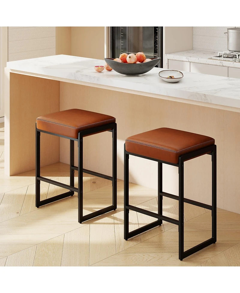 Gouun 26 Counter Height Faux Leather Backless Bar Stool Set of 2 with Padded Saddle Seat