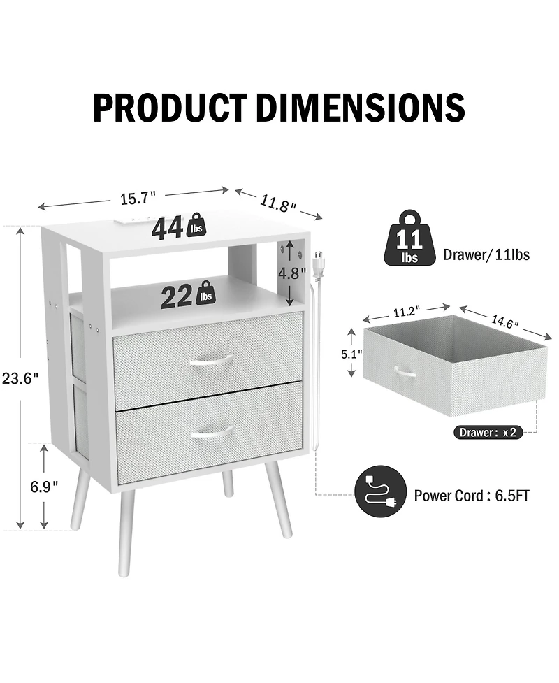 sumyeg Modern Nightstand Set of 2 with Charging Station, Led Light and Fabric Drawers