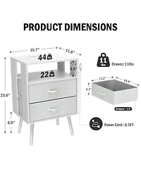 sumyeg Modern Nightstand Set of 2 with Charging Station, Led Light and Fabric Drawers