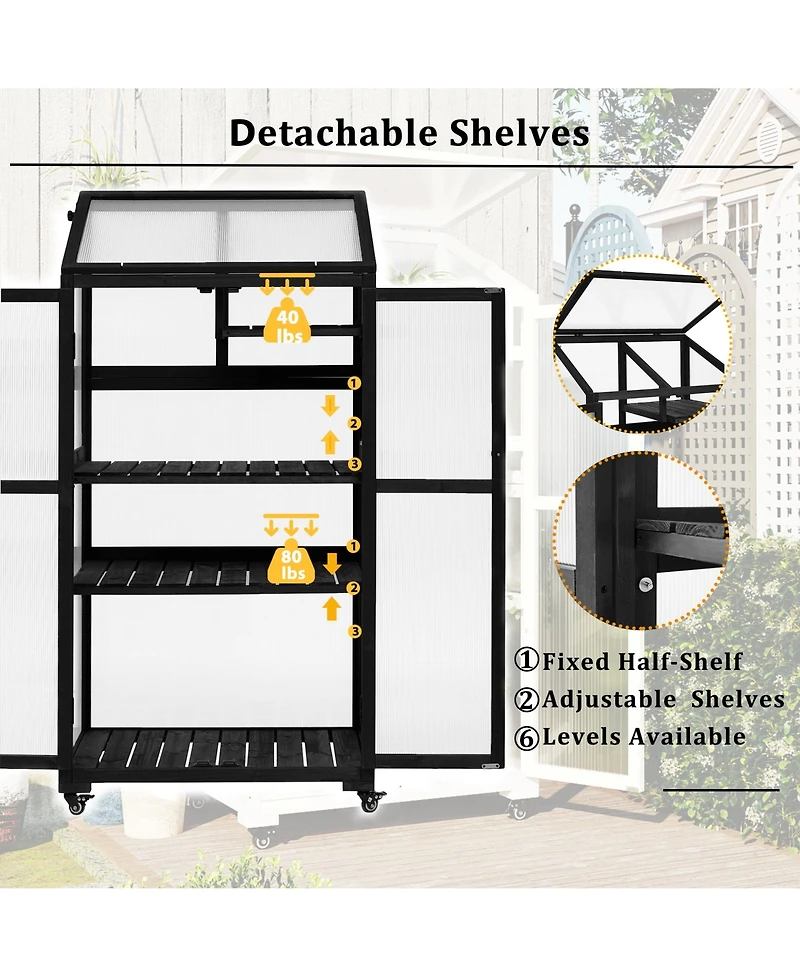 sumyeg 62inch Outdoor Height Wood Large Greenhouse Balcony Portable Cold Frame with Wheels and Adjustable Shelves