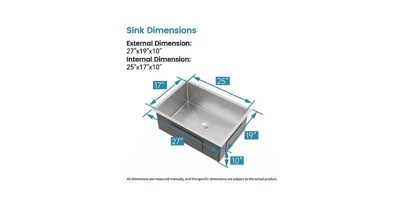 Busdays 27 x 19 Inch Stainless Steel Kitchen Sink Single Bowl Undermount Handmade Brushed Nickel with Us Standard Drain and Hook
