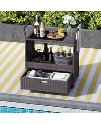 sumyeg Outdoor Wicker Bar Cart with Tempered Glass Top