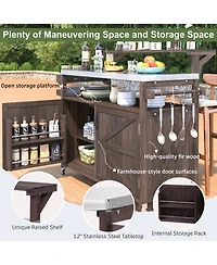 sumyeg 53.3inch Outdoor Kitchen Island with Raised Shelf, Solid Wood Storage Cabinet, Rolling Grill Cart Rack, Adjustable Shelf and Spice Rack