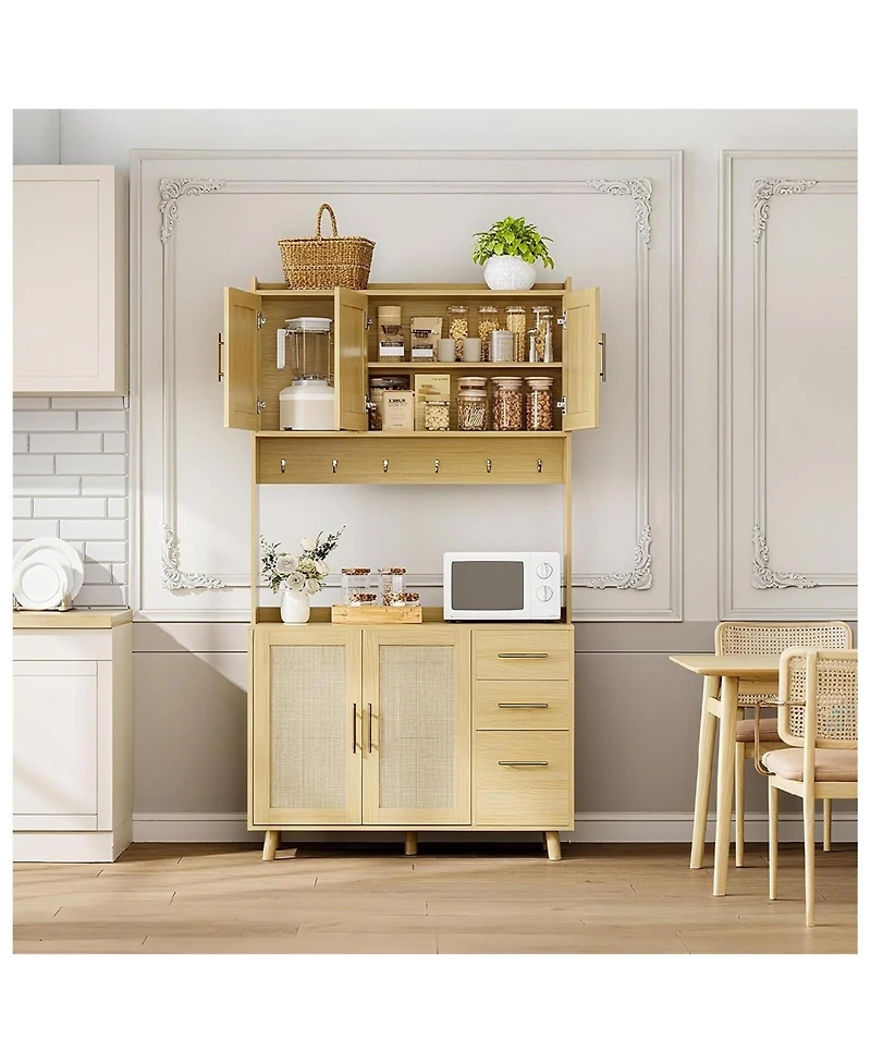 gaomon Kitchen Pantry Cabinet with Rattan Doors and Storage Drawers