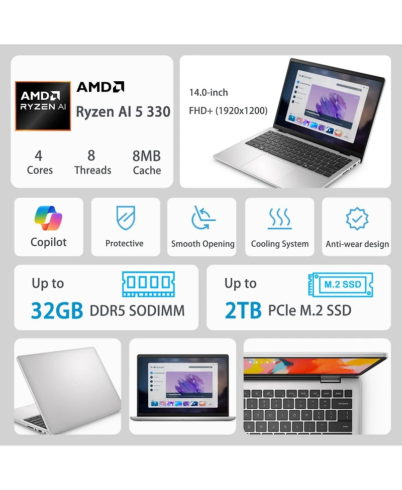 Dell 14 14" Traditional Laptop Amd Ryzen Ai 5 16GB Ram Amd Radeon Graphics 512GB Ssd Storage Windows 11 Home 60Hz - Silver