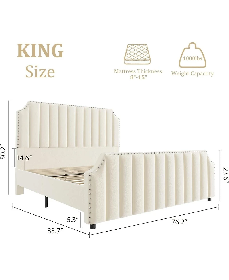 gaomon Velvet Bed Frame, Vertical Channel Tufted 50.2" Tall Headboard and Footboard with Nailhead Trim, Upholstered Platform