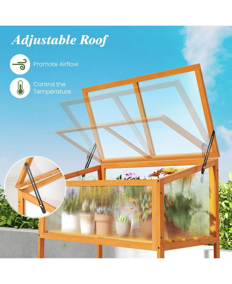 Sugift Wood Cold Frame Greenhouse with Transparent Openable Roof and Slatted Storage Shelf
