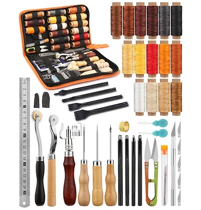 Gnuadz 66 Pcs Leather Working Tools Kit Waxed Thread Groover Awl Stitching Punch Hole Beginner Craft Gifts