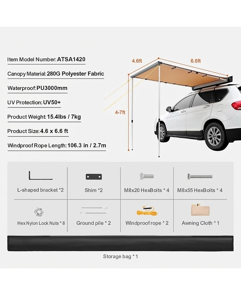 Sugift 4.6x6.6 ft Retractable Car Side Awning UV50+ Shade for Vehicles