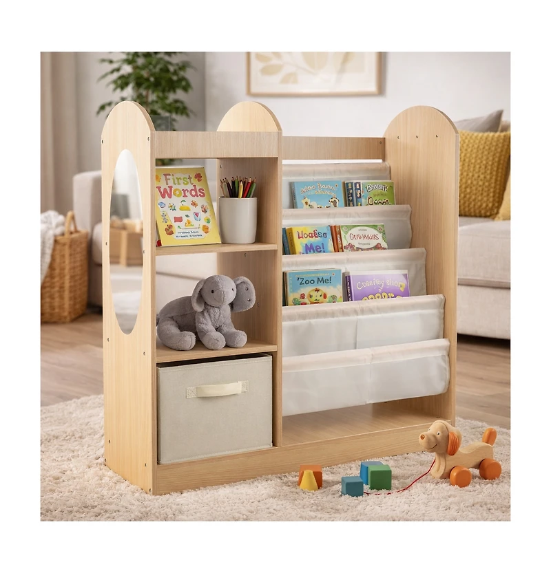 Gouun Kids Toy Storage Organizer with 4-Tier Sling Bookshelf and Full-Length Mirror