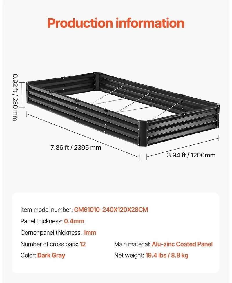 Sugift Metal Raised Garden Planter Box 8 x 4 x 1 Galvanized
