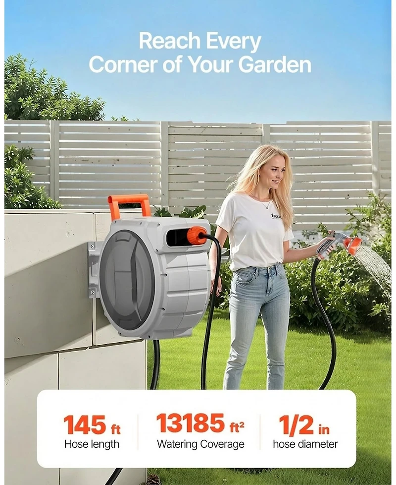 Sugift Retractable Hose Reel 1/2in x 145 ft Wall-Mounted Heavy Duty for Outdoors