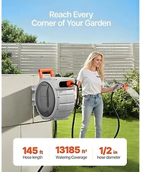 Sugift Retractable Hose Reel 1/2in x 145 ft Wall-Mounted Heavy Duty for Outdoors