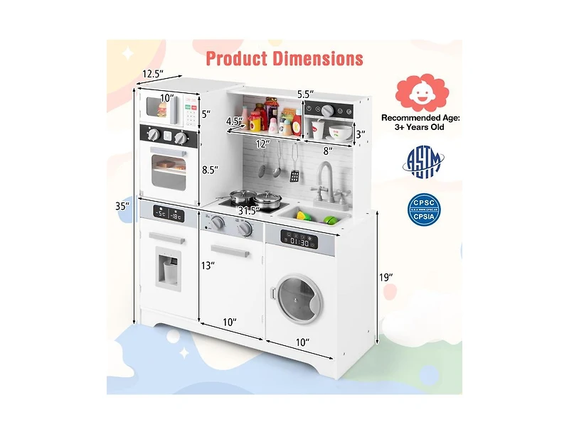 Hongge Pretend Play Kitchen Wooden Toy Set with Real Lights and Sounds