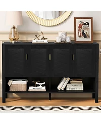 Rainsken 55" Modern Sideboard Buffet Cabinet, 4 Doors Storage Cabinet with Open Shelf, Adjustable Shelves and Double Hooks for Kitchen, Living Ro
