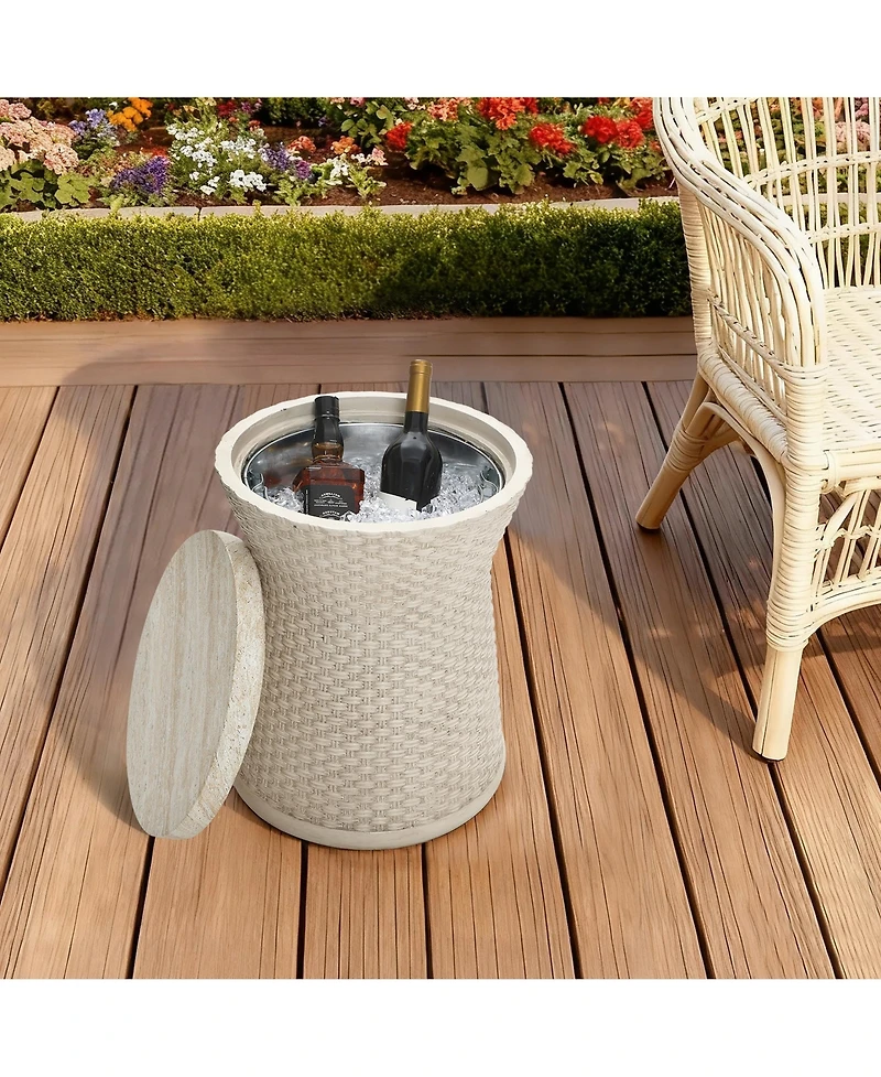 LuxenHome 18.7" Woven Texture Outdoor Side Table with Storage, Round Patio Table with Ice Bucket for Garden, Balcony