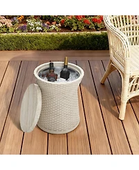 LuxenHome 18.7" Woven Texture Outdoor Side Table with Storage, Round Patio Table with Ice Bucket for Garden, Balcony