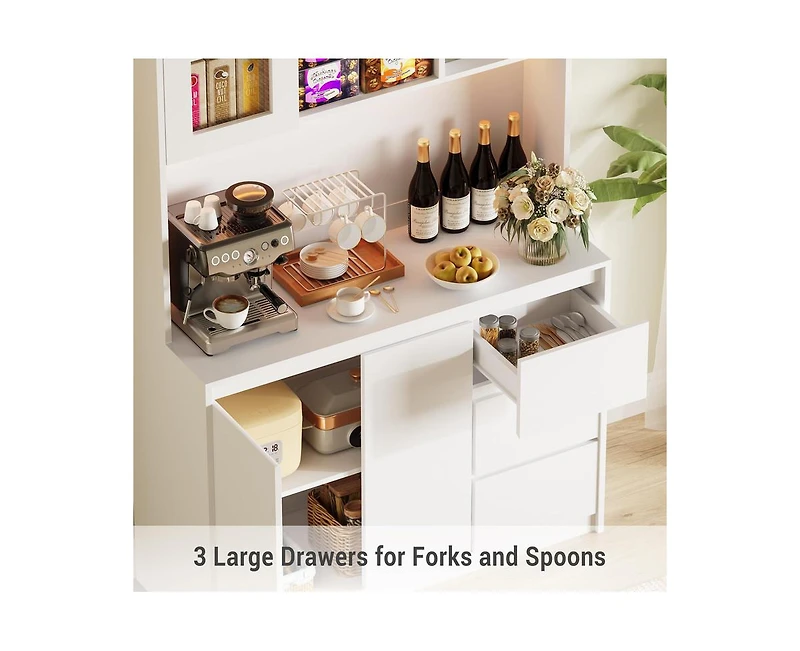 gaomon Tall Kitchen Pantry Cabinet, Kitchen Storage Cabinet with Led Lights and Power Outlets, Food Pantry Cabinet with Microwave Stand, Glass Door, A