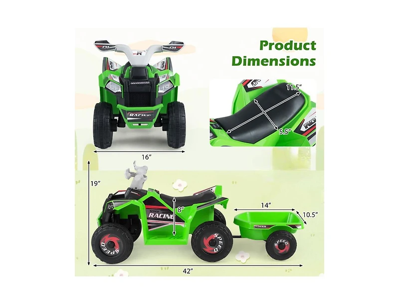 Slickblue Kids 6V Ride On Atv Quad with Trailer, Electric Battery Powered Car