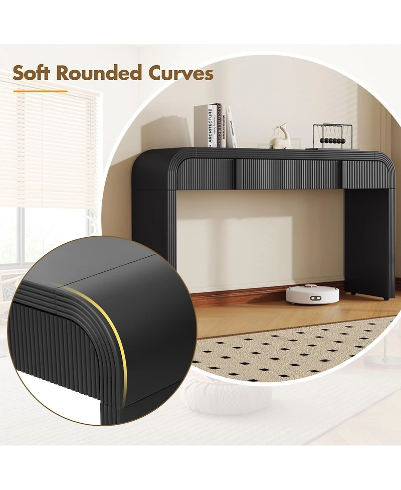 Rainsken 55" Modern Fluted Curved Console Table, Wood Entryway Accent Table with 2 Drawers and Rounded Edges for Hallway, Living Room