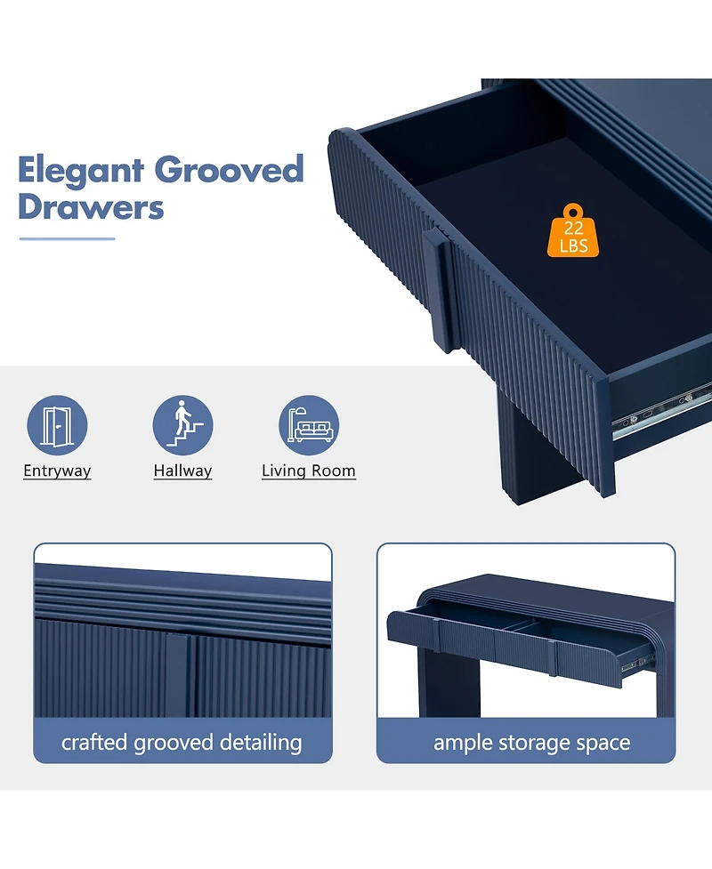 Rainsken 55" Modern Fluted Sofa Table, Curved Wood Console Table with Dual Storage Drawers for Entryway, Living Room and Hallway