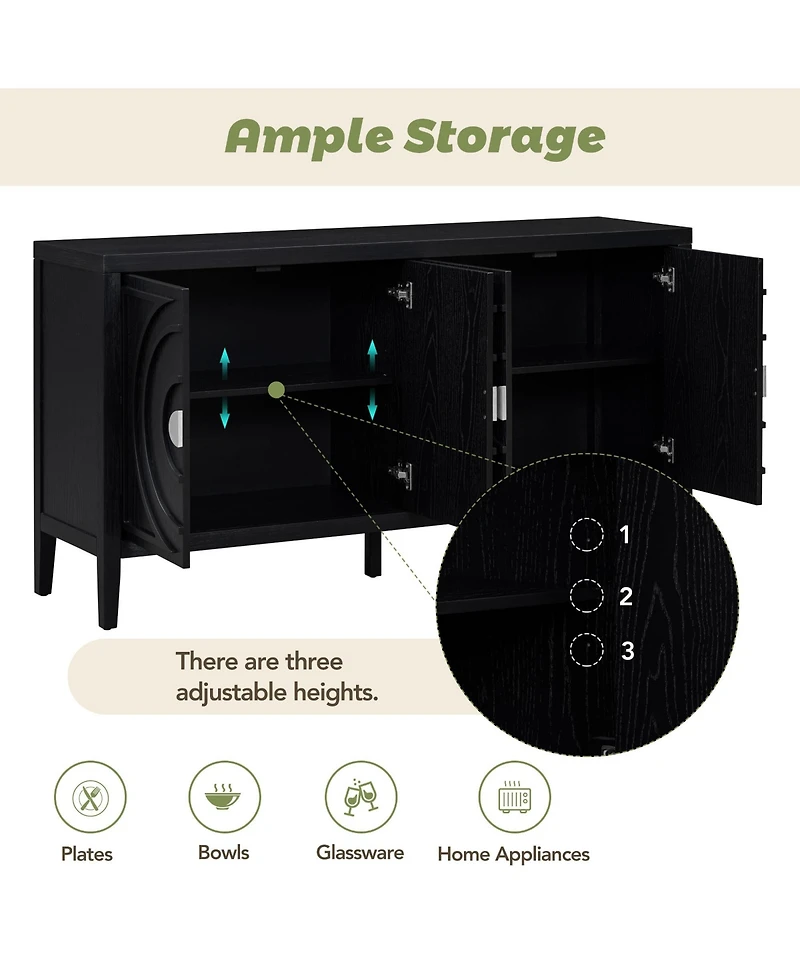 Rainsken Retro Storage Sideboard, 4-Door Buffet Cabinet with Circular Groove Design and Round Metal Handles for Living Room and Dining Room