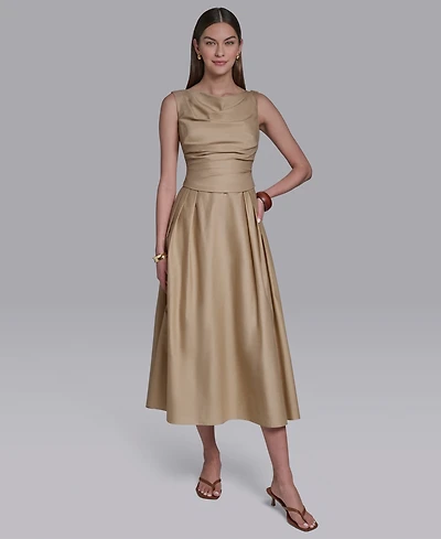 Halston Women's Boat Neck Sleeveless Pleated Midi Dress