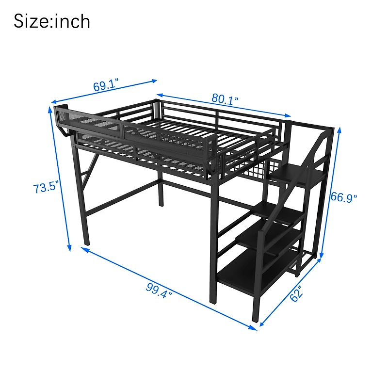 Streamdale Furniture Metal Loft Bed with Stairs, Light and Storage
