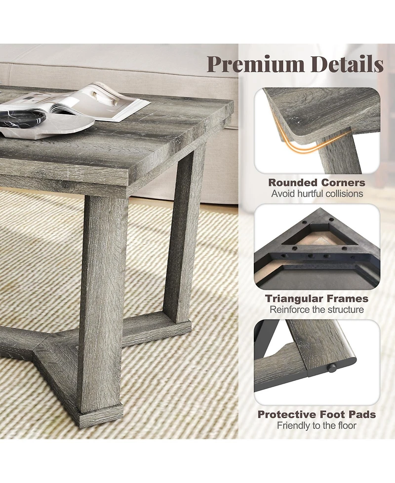 Gouun Rectangle Coffee Table with Cross-Shaped Rubber Wood Base