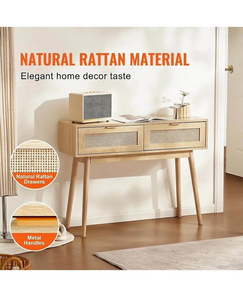 Gouun Rattan Console Table with 2 Drawers and Sliding Door
